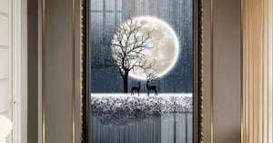 Tranh Gỗ Phù Điêu Treo Tường Đóng Khung Cao Cấp - Nghệ Thuật Hươu Dưới Đêm Trăng