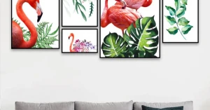 Tranh Treo Tường 3D Hạc Hồng Và Lá Xanh