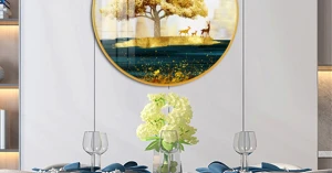 Tranh Tròn Tráng Gương Cây Lá Vàng Và Hươu