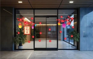 DECAL DÁN KÍNH TRANG TRÍ TẾT HAI CÀNH ĐÀO ĐỎ TREO LỒNG ĐÈN