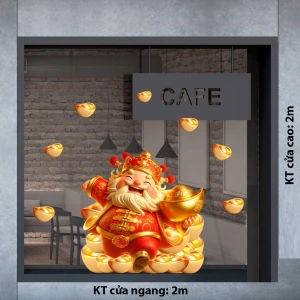 DECAL DÁN KÍNH TRANG TRÍ TẾT ÔNG THẦN TÀI ĐỎ VÀ THỎI VÀNG RỒNG