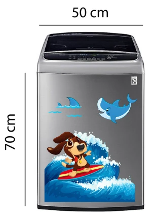 Decal trang trí máy giặt chú chó tinh nghịch lướt sóng