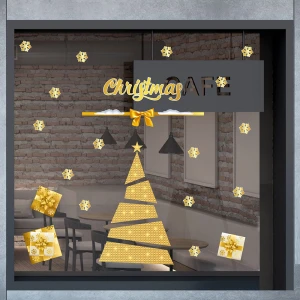 Decal trang trí noel cây thông vàng và hộp quà .