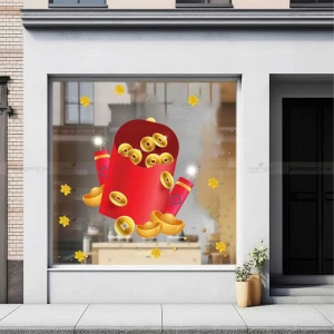 DECAL TRANG TRÍ TẾT BAO LÌ XÌ ĐỎ VÀ TIỀN VÀNG