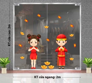 DECAL TRANG TRÍ TẾT BÉ TRAI BÉ GÁI ÁO DÀI ĐỎ CHÚC TẾT