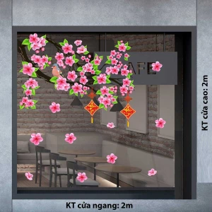 DECAL TRANG TRÍ TẾT CÀNH ĐÀO HỒNG LỚN VÀ LIỄN TREO