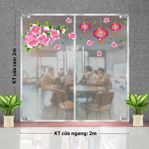 Decal trang trí tết cành đào hồng và lồng đèn