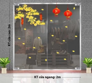 DECAL TRANG TRÍ TẾT CÀNH MAI VÀNG VÀ LỒNG ĐÈN ĐỎ