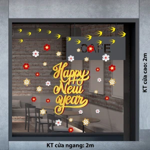 Decal trang trí tết Happy new year hoa 3d và chim én