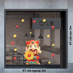 DECAL TRANG TRÍ TẾT THẦN TÀI CẦM ĐỒNG TIỀN VÀNG