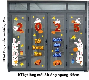 DECAL TRANG TRÍ TẾT TRUNG THU 2025 THỎ TRẮNG LẤP LÓ RƯỚC ĐÈN ĐI CHƠI