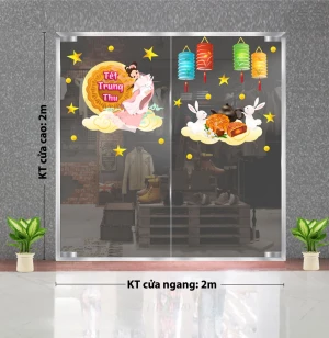 DECAL TRANG TRÍ TRUNG THU CHỊ HẰNG TRÊN CŨNG TRĂNG VÀ LỒNG ĐÈN