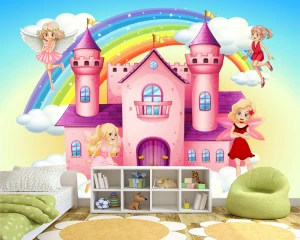 Tranh dán tường 3D lấu đài cầu vòng và các nàng tiên