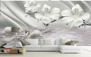 Tranh dán tường 3D sắc ngọc và thiên nga