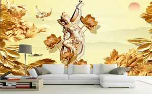 Tranh dán tường 3D tiên nữ và sen vàng