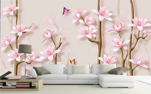 Tranh dán tường 3D vườn ngọc lan hồng