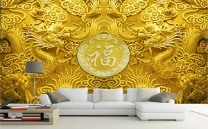 Tranh dán tường đôi rồng vàng uy vũ