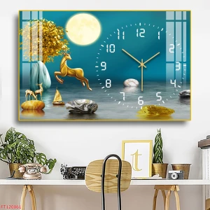 TRANH ĐỒNG HỒ TRÁNG GƯƠNG HƯƠU VÀNG NHẢY TRÊN MÕM ĐÁ