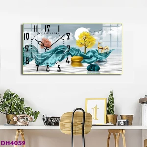 TRANH ĐỒNG HỒ TRÁNG GƯƠNG NAI VÀNG ĐỨNG TRÊN VẢI LỤA XANH