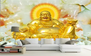Tranh ngoc dán tường 3D phật di lặc vàng tỏa hào quang