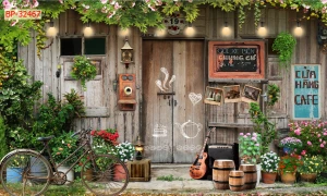 TRANH TRANG TRÍ QUÁN CAFE NGÔI NHÀ GỖ VÀ XE ĐẸP CŨ