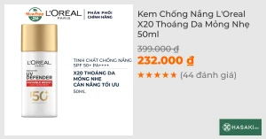 Kem Chống Nắng L'Oreal X20 Thoáng Da Mỏng Nhẹ 50ml