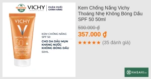 Kem Chống Nắng Vichy Thoáng Nhẹ Không Bóng Dầu SPF 50 50ml