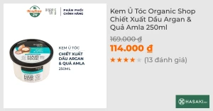 Kem Ủ Tóc Organic Shop Chiết Xuất Dầu Argan & Quả Amla 250ml