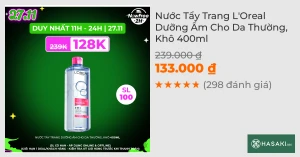 Nước Tẩy Trang L'Oreal Dưỡng Ẩm Cho Da Thường, Khô 400ml