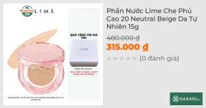 Phấn Nước Lime Che Phủ Cao 20 Neutral Beige Da Tự Nhiên 15g