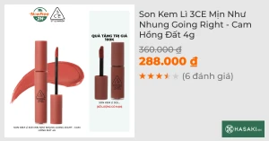 Son Kem Lì 3CE Mịn Như Nhung Going Right - Hồng Cá Hồi 4g
