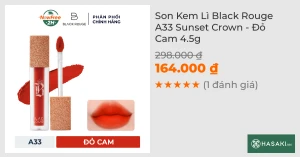 Son Kem Lì Black Rouge A33 Sunset Crown - Đỏ Cam 4.5g