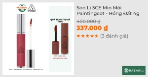 Son Lì 3CE Mịn Môi Paintingcot - Đào Đỏ Trong Trẻo 4g
