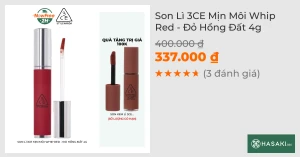 Son Lì 3CE Mịn Môi Whip Red - Đỏ Mận 4g