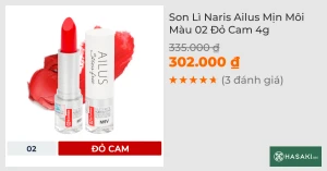 Son Lì Naris Ailus Mịn Môi Màu 02 Đỏ Cam 4g