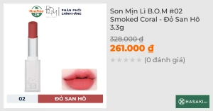 Son Mịn Lì B.O.M 02 Smoked Coral - Đỏ San Hô 3.3g