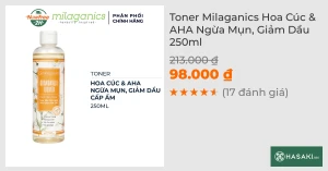 Toner Milaganics Hoa Cúc & AHA Ngừa Mụn, Giảm Dầu 250ml