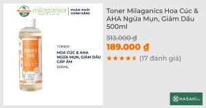 Toner Milaganics Hoa Cúc & AHA Ngừa Mụn, Giảm Dầu 500ml