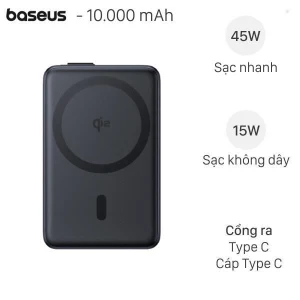 Pin sạc dự phòng 10000mAh Không dây Magnetic Qi2 Type C PD 45W Baseus Nomos PPNMS-1030SC kèm Cáp Type C