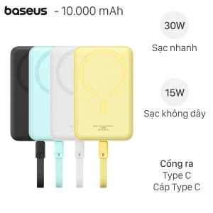 Pin sạc dự phòng Polymer 10000mAh không dây Magnetic Type C PD 30W Baseus PPCXM10T kèm cáp Type C