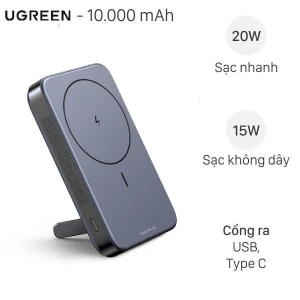 Pin sạc dự phòng Polymer 10000mAh Không dây Magnetic Type C PD QC 3.0 20W Ugreen PB206
