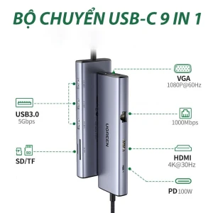 Hub chuyển đổi Type C Ugreen 15600 Sạc PD 100W, HDMI 4K@30Hz, Ethernet, USB 3.0 sang 3 cổng USB-A 3.0, VGA