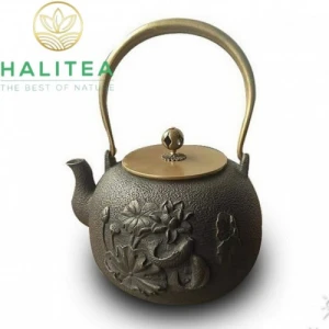 Ấm Gang Nhật Bản Tetsubin Hình Sen Cá Đắp Nổi 1,2L