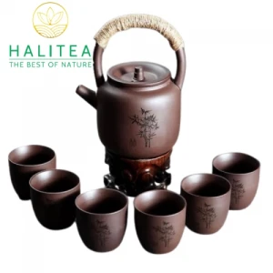 Bộ Ấm Đất Cát Tím Quai Xách Lọc Inox 770ml