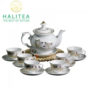 Bộ Ấm Trà Cát Tường Sứ Trắng Sen Vàng Bát Tràng Cao Cấp 500ml