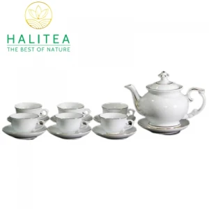 Bộ Ấm Trà Cát Tường Sứ Trắng Viền Vàng Bát Tràng Cao Cấp 500ml