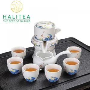 Bộ Ấm Trà Cối Xay Sứ Trắng Cao Cấp 9 Món Hộp Túi Giấy BAT-CXT01