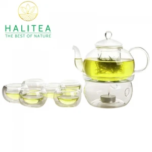 Bộ Ấm Trà Lõi Lọc Thuỷ Tinh Chén 2 Lớp Đế Nến Tròn 600ml