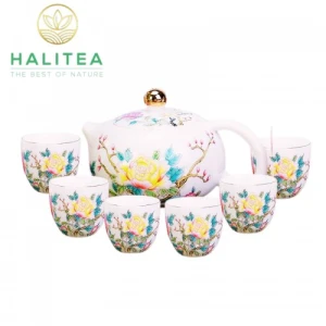 Bộ Ấm Trà Tây Thi Sứ Đức Hoá Hoa Mẫu Đơn Vàng 200ml