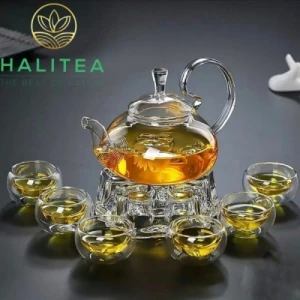 Bộ Ấm Trà Thủy Tinh Quai Cong Chén 2 Lớp Đế Tim 600ml